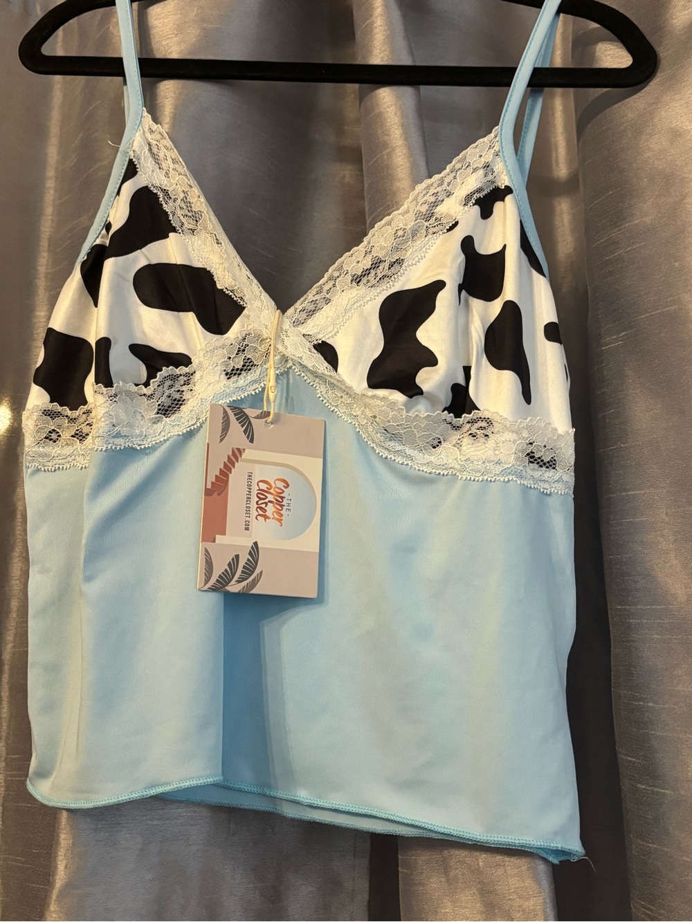 Light Blue Cow-Print Lace Trim Cami Top - Women